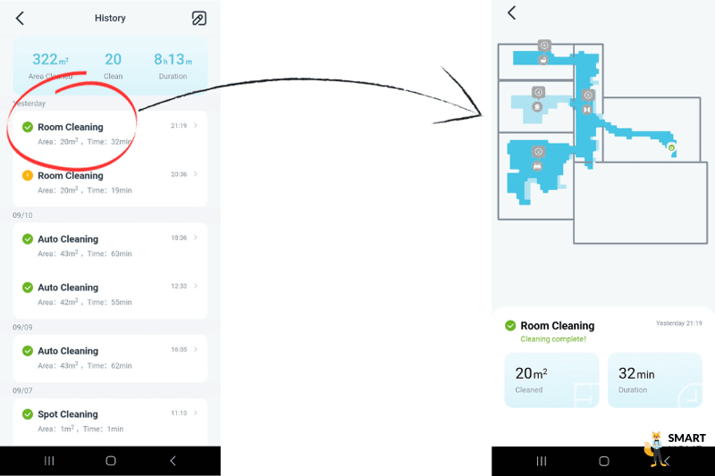 Reinigungshistorie des Yeedi Cube wird in der App eingesehen.
